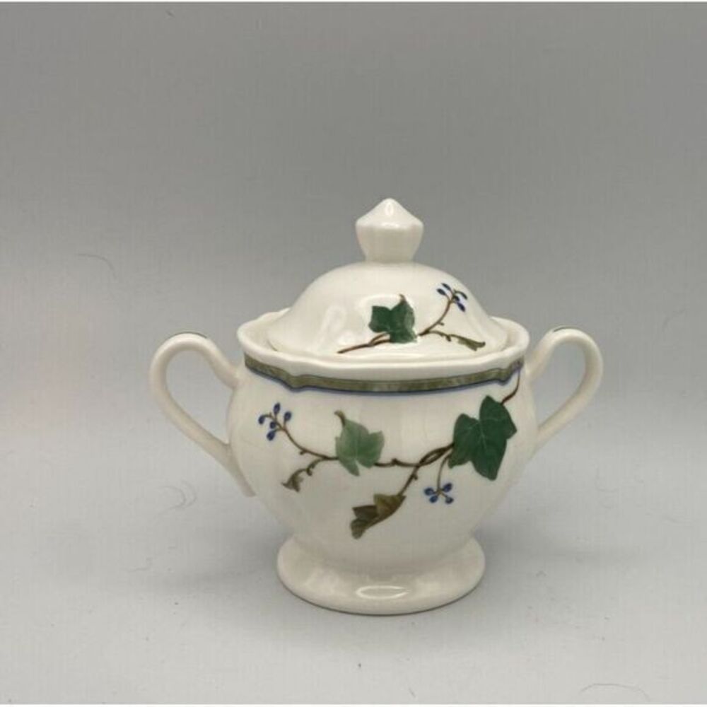 Noritake Ivy Grove Sugar‎ Bowl w/ Lid Green Leaves {sh10}